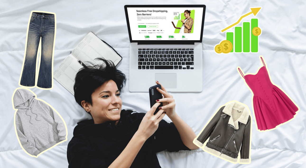 person using a laptop and phone with clothing and growth charts